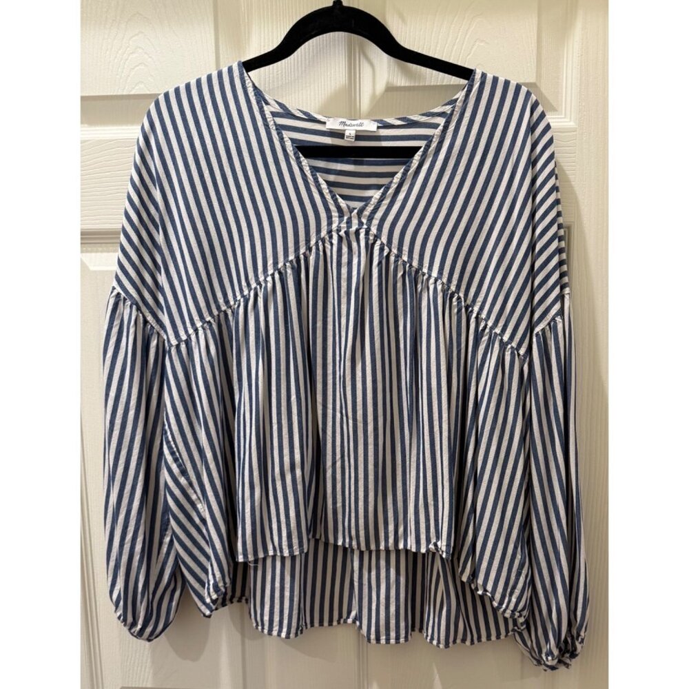 Madewell Blue & White Striped V-Neck Peplum Blouse With Long Balloon Sleeves Siz